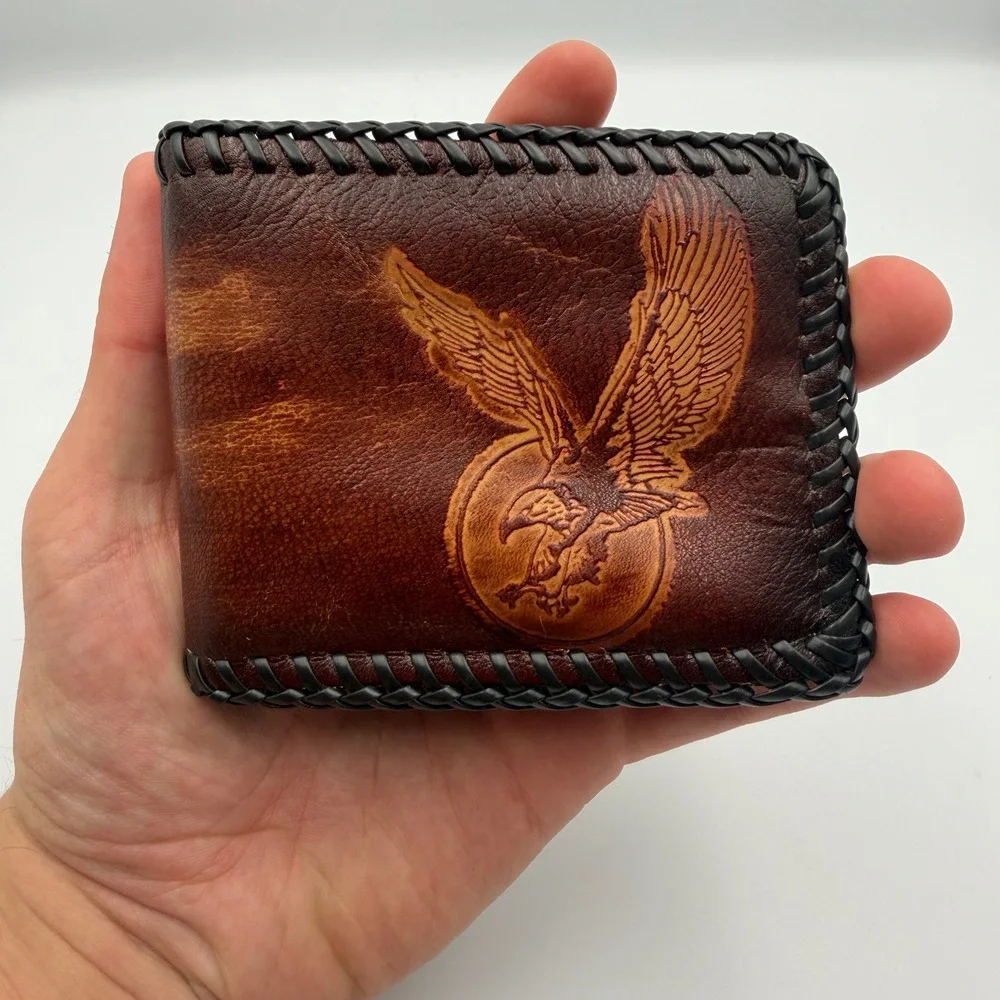 Vintage Hand Tooled Leather Eagle Bifold Wallet Black Lacing Western